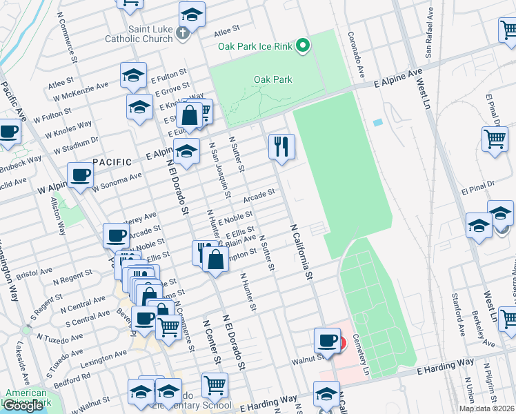 map of restaurants, bars, coffee shops, grocery stores, and more near 418 East Noble Street in Stockton