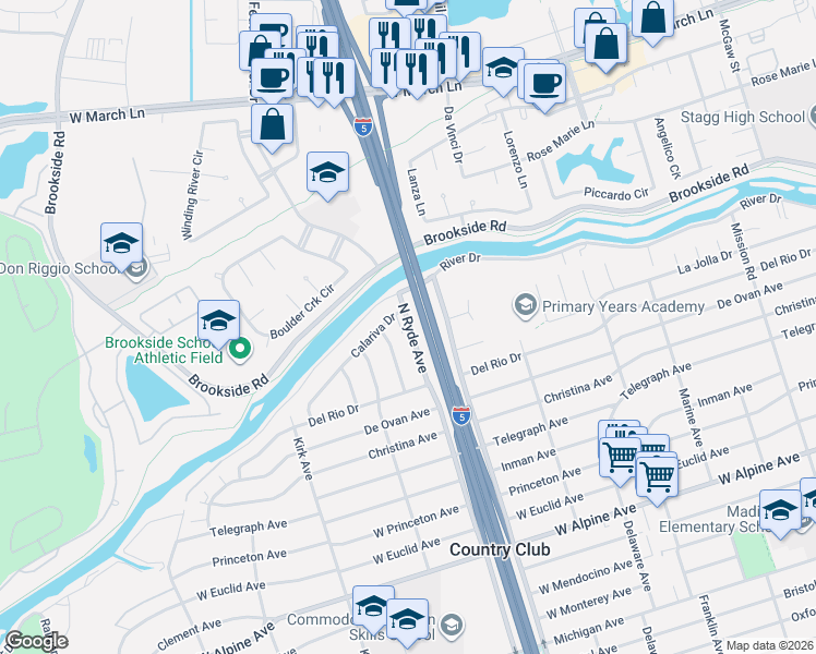 map of restaurants, bars, coffee shops, grocery stores, and more near 3887 North Ryde Avenue in Stockton