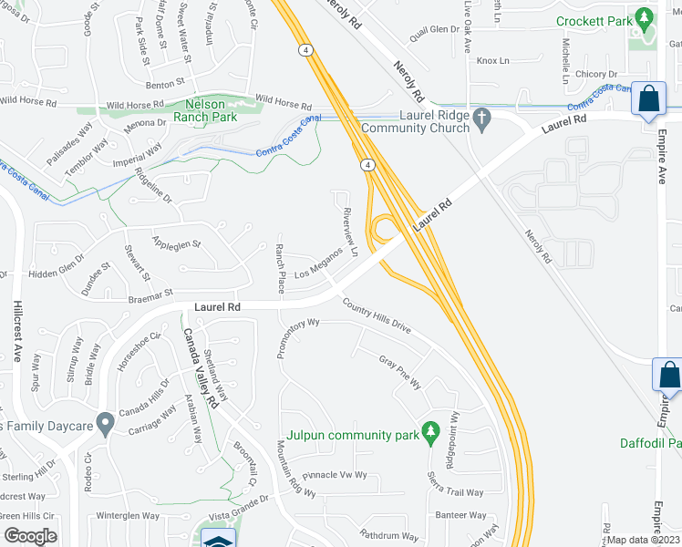map of restaurants, bars, coffee shops, grocery stores, and more near Laurel Road in Antioch