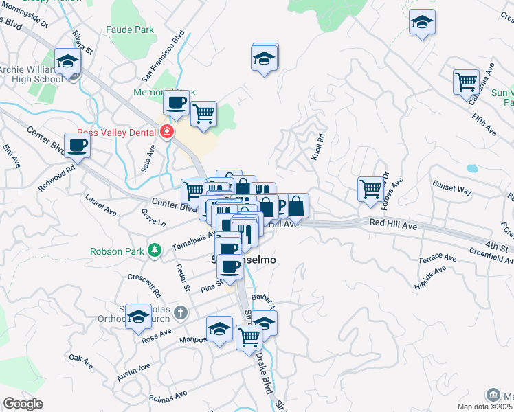 map of restaurants, bars, coffee shops, grocery stores, and more near 580 Red Hill Avenue in San Anselmo