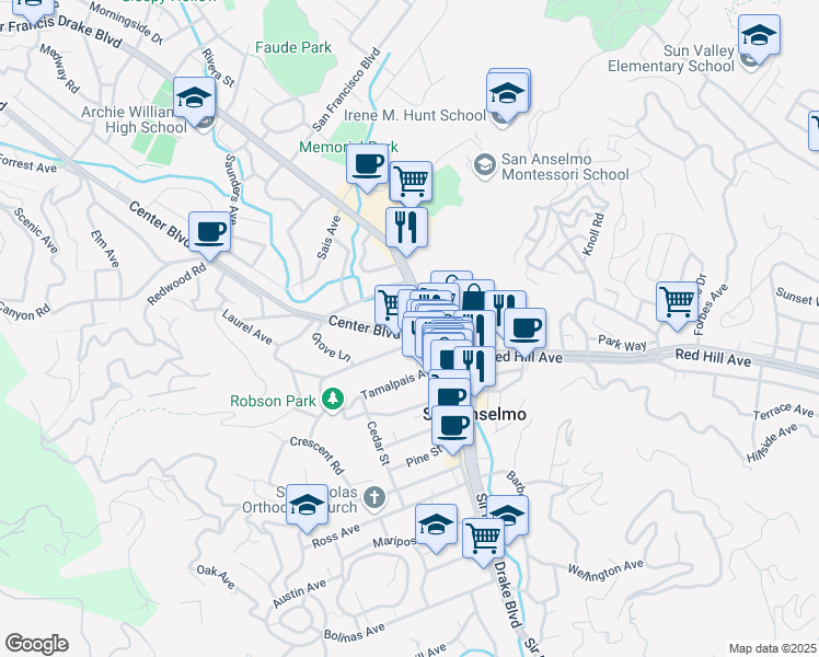 map of restaurants, bars, coffee shops, grocery stores, and more near 100 Center Boulevard in San Anselmo