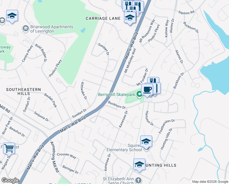 map of restaurants, bars, coffee shops, grocery stores, and more near 3221 Caddo Lake Court in Lexington