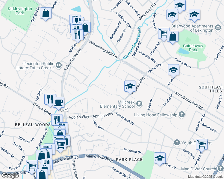 map of restaurants, bars, coffee shops, grocery stores, and more near 1175 Appian Crossing Way in Lexington
