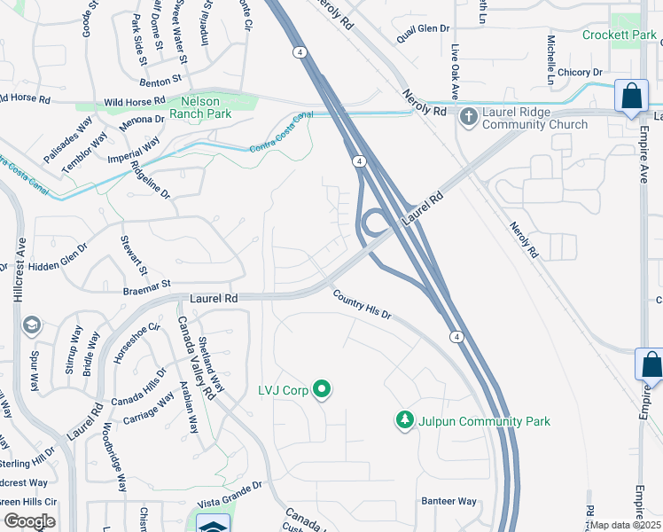 map of restaurants, bars, coffee shops, grocery stores, and more near Laurel Road in Antioch