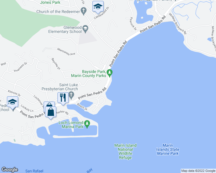 map of restaurants, bars, coffee shops, grocery stores, and more near 828 Point San Pedro Road in San Rafael