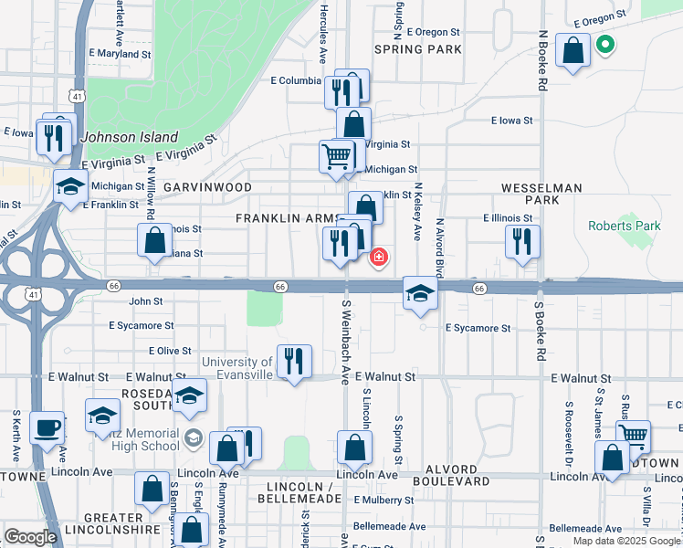 map of restaurants, bars, coffee shops, grocery stores, and more near 4 North Weinbach Avenue in Evansville