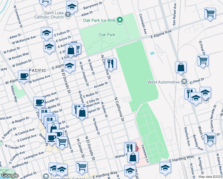 map of restaurants, bars, coffee shops, grocery stores, and more near 478 East Noble Street in Stockton
