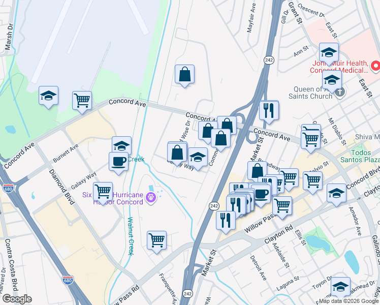 map of restaurants, bars, coffee shops, grocery stores, and more near 2231 Galaxy Court in Concord