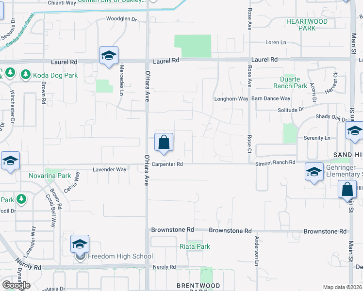 map of restaurants, bars, coffee shops, grocery stores, and more near 80 Ridge Crest Court in Oakley