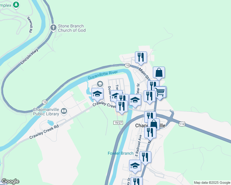 map of restaurants, bars, coffee shops, grocery stores, and more near 96 Trenton Avenue in Chapmanville