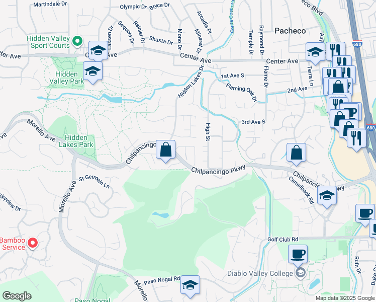 map of restaurants, bars, coffee shops, grocery stores, and more near 319 Oak Glen Court in Martinez
