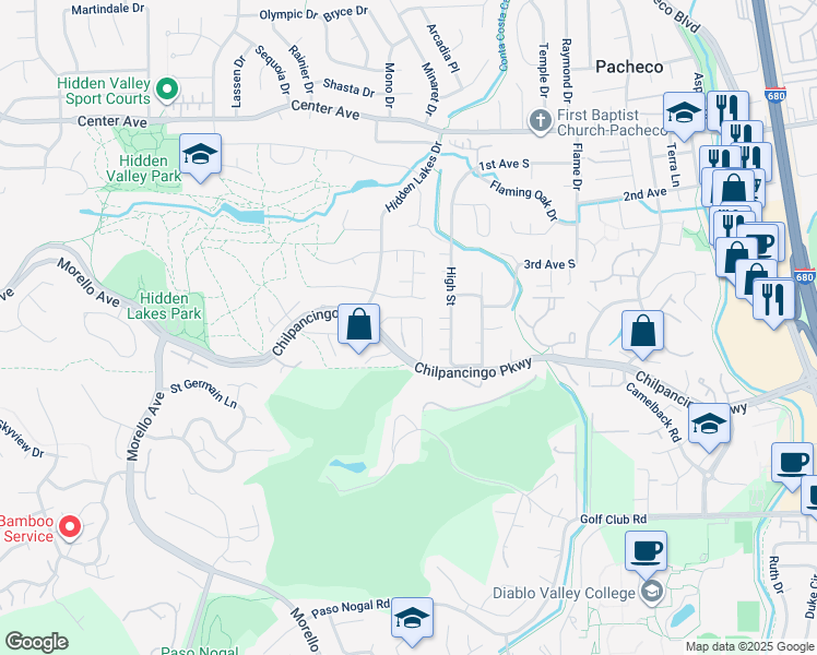 map of restaurants, bars, coffee shops, grocery stores, and more near 319 Oak Glen Court in Martinez