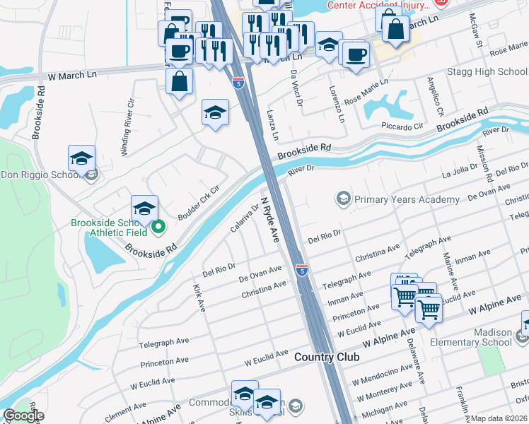 map of restaurants, bars, coffee shops, grocery stores, and more near 3887 North Ryde Avenue in Stockton