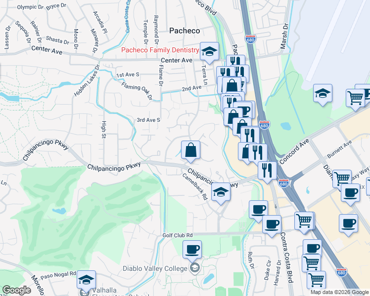 map of restaurants, bars, coffee shops, grocery stores, and more near 446 Camelback Road in Pleasant Hill