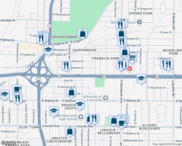 map of restaurants, bars, coffee shops, grocery stores, and more near East Lloyd Expressway in Evansville