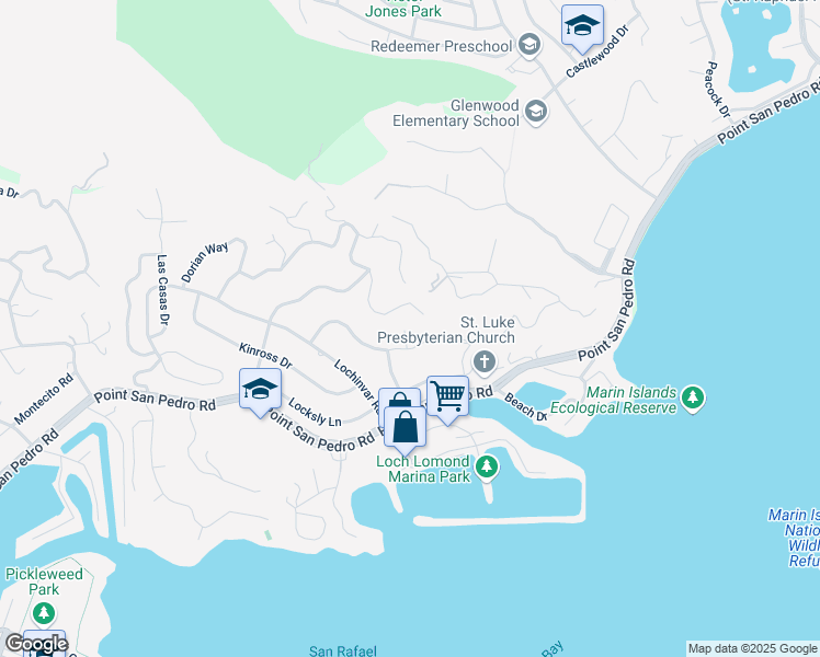 map of restaurants, bars, coffee shops, grocery stores, and more near 53 Dunfries Terrace in San Rafael