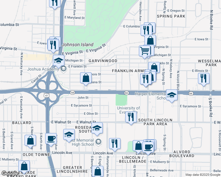 map of restaurants, bars, coffee shops, grocery stores, and more near 1628 East Division Street in Evansville