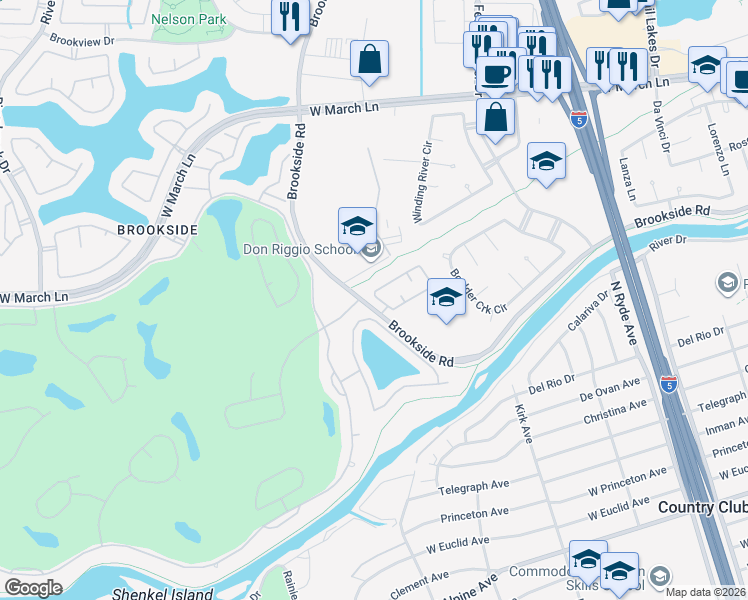 map of restaurants, bars, coffee shops, grocery stores, and more near 3080 Carousel Circle in Stockton
