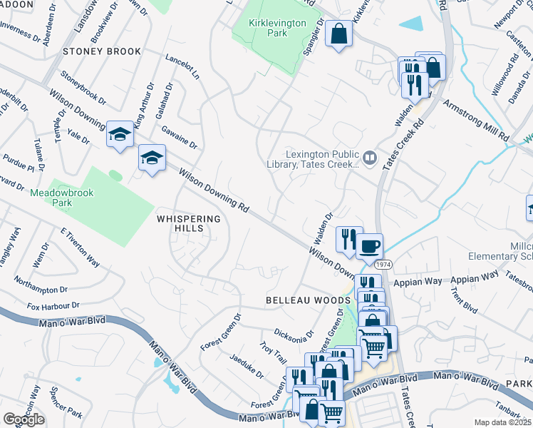 map of restaurants, bars, coffee shops, grocery stores, and more near 3929 Waterwood Terrace in Lexington