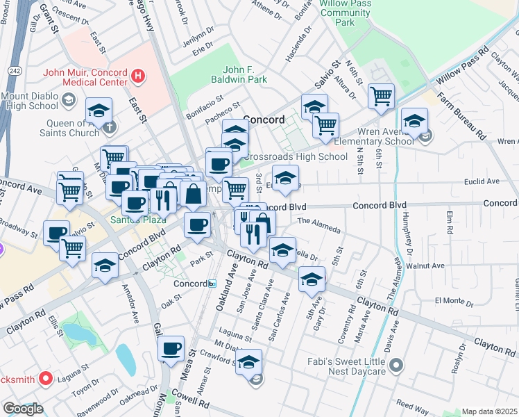 map of restaurants, bars, coffee shops, grocery stores, and more near 1799 3rd Street in Concord