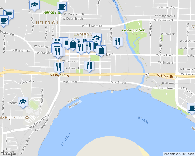 map of restaurants, bars, coffee shops, grocery stores, and more near 2 South Wabash Avenue in Evansville