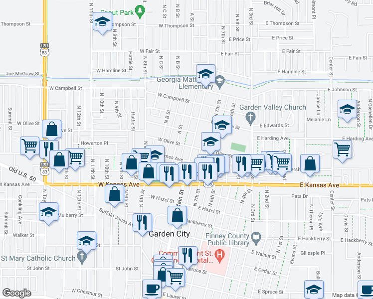 map of restaurants, bars, coffee shops, grocery stores, and more near 1308 North Main Street in Garden City