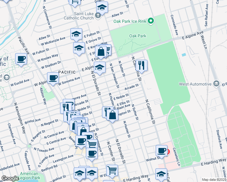 map of restaurants, bars, coffee shops, grocery stores, and more near 224 East Arcade Street in Stockton