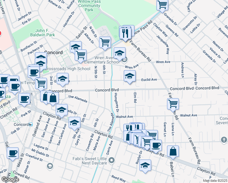 map of restaurants, bars, coffee shops, grocery stores, and more near 1745 Humphrey Drive in Concord