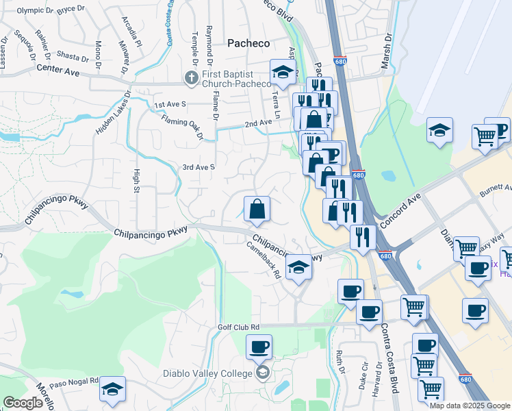 map of restaurants, bars, coffee shops, grocery stores, and more near 422 Camelback Road in Pleasant Hill