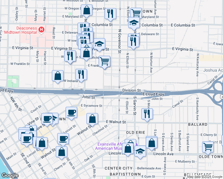 map of restaurants, bars, coffee shops, grocery stores, and more near 1-299 East Lloyd Expressway in Evansville