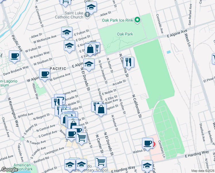 map of restaurants, bars, coffee shops, grocery stores, and more near 224 East Arcade Street in Stockton