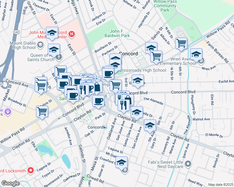map of restaurants, bars, coffee shops, grocery stores, and more near 2640 Concord Boulevard in Concord