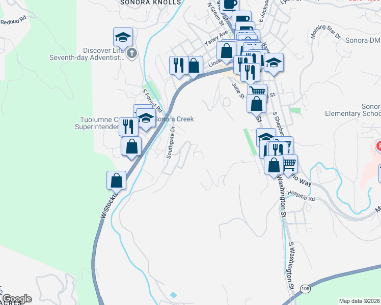 map of restaurants, bars, coffee shops, grocery stores, and more near 202 Gerrymander Avenue in Sonora