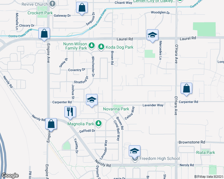 map of restaurants, bars, coffee shops, grocery stores, and more near Brown Road in Oakley