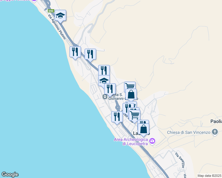 map of restaurants, bars, coffee shops, grocery stores, and more near 92 Via Nazionale in Lazzaro