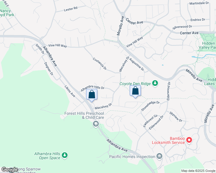 map of restaurants, bars, coffee shops, grocery stores, and more near 141 Alhambra Hills Drive in Martinez