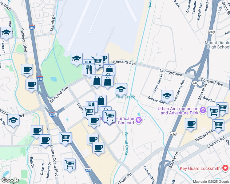 map of restaurants, bars, coffee shops, grocery stores, and more near 1190 Burnett Avenue in Concord