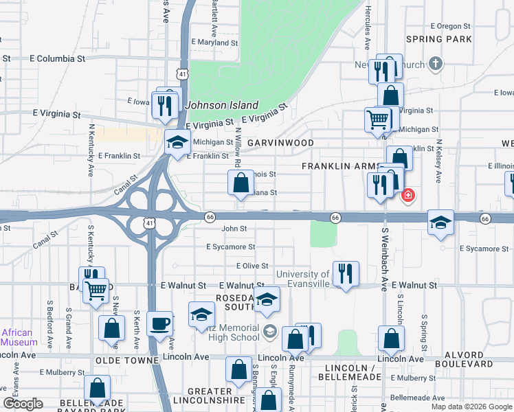 map of restaurants, bars, coffee shops, grocery stores, and more near 1442 East Division Street in Evansville