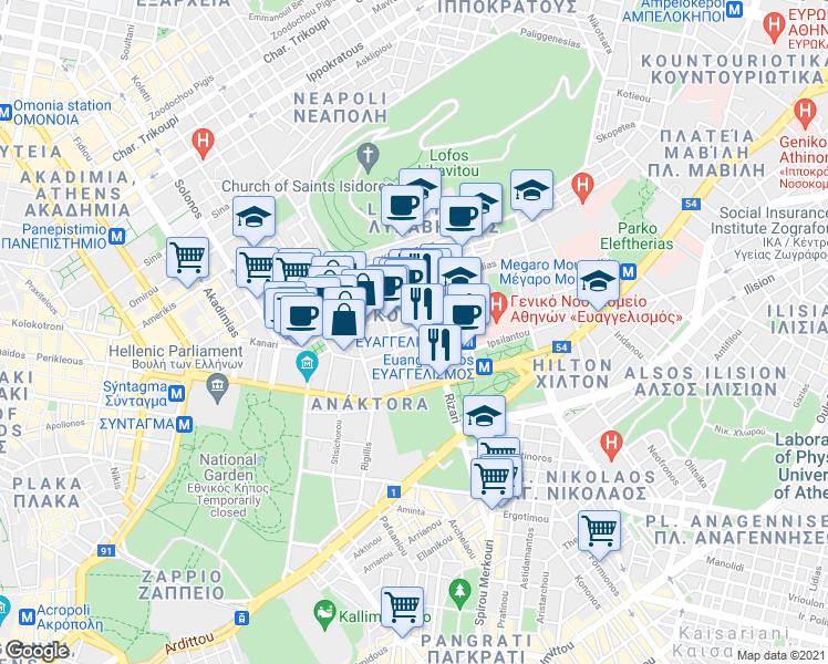 map of restaurants, bars, coffee shops, grocery stores, and more near in Athens
