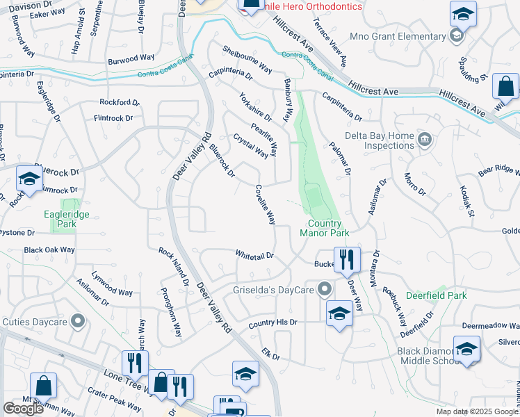 map of restaurants, bars, coffee shops, grocery stores, and more near 2455 Covelite Way in Antioch