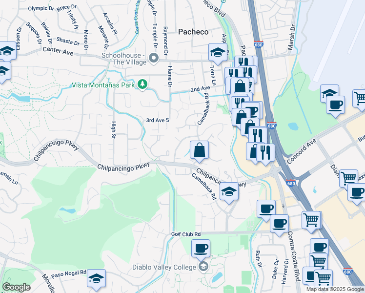 map of restaurants, bars, coffee shops, grocery stores, and more near 351 Scottsdale Road in Pleasant Hill