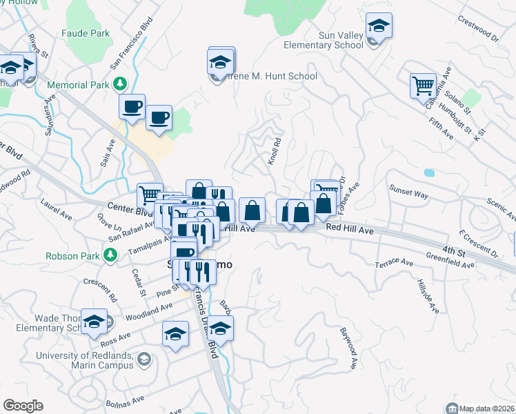 map of restaurants, bars, coffee shops, grocery stores, and more near 88 Buena Vista Avenue in San Anselmo