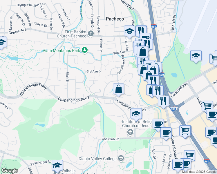 map of restaurants, bars, coffee shops, grocery stores, and more near 351 Scottsdale Road in Pleasant Hill