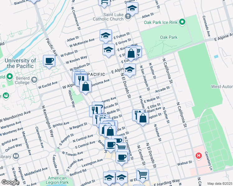 map of restaurants, bars, coffee shops, grocery stores, and more near 21 West Monterey Avenue in Stockton