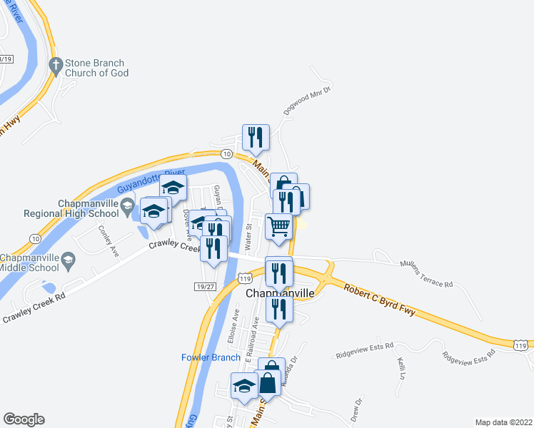 map of restaurants, bars, coffee shops, grocery stores, and more near 156 Tomblin Drive in Chapmanville