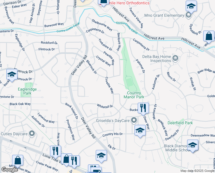 map of restaurants, bars, coffee shops, grocery stores, and more near 2455 Covelite Way in Antioch