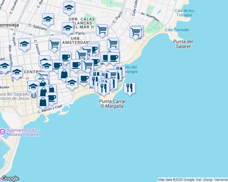 map of restaurants, bars, coffee shops, grocery stores, and more near 4A Calle Navegantes in Torrevieja