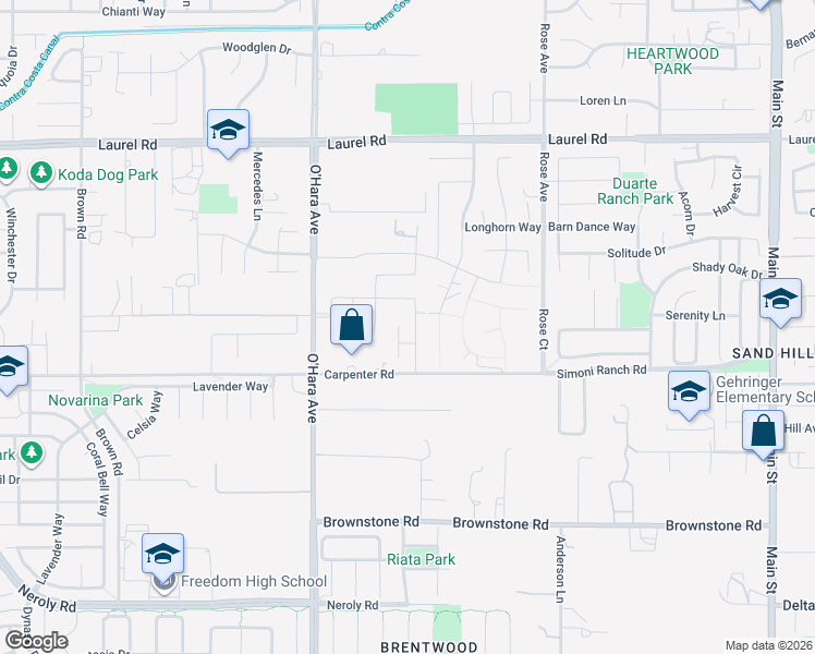 map of restaurants, bars, coffee shops, grocery stores, and more near 150 Ridge Crest Court in Oakley