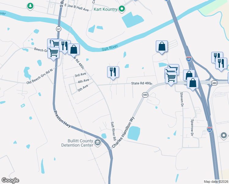 map of restaurants, bars, coffee shops, grocery stores, and more near 758 Old Preston Highway South in Shepherdsville