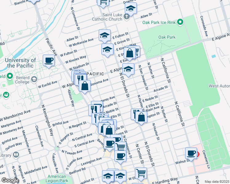 map of restaurants, bars, coffee shops, grocery stores, and more near 21 West Monterey Avenue in Stockton